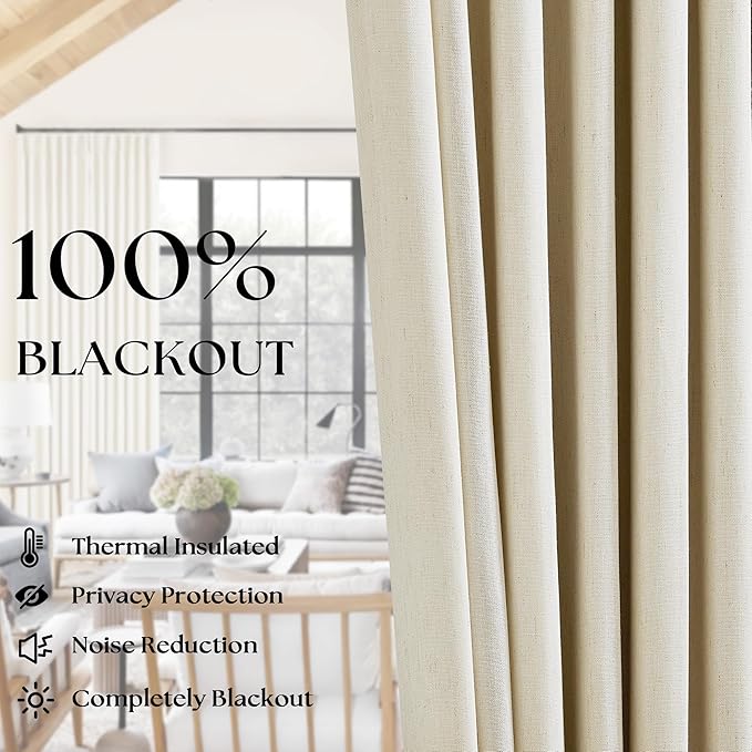 Linen Beige Black Out Curtains 63 Inch Long for Bedroom Pinch Pleated with Rings Hooks Back Tab Thermal Insulated Short Length Linen Blackout Drapes Farmhouse Living Room Darkening Kitchen Curtains