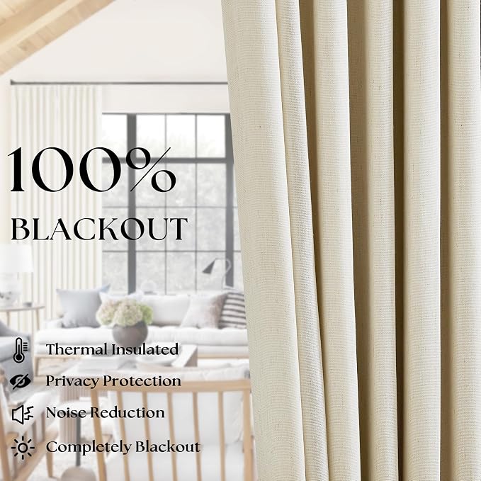 Linen Beige Black Out Curtains 63 Inch Long for Bedroom Pinch Pleated with Rings Hooks Back Tab Thermal Insulated Short Length Linen Blackout Drapes Farmhouse Living Room Darkening Kitchen Curtains