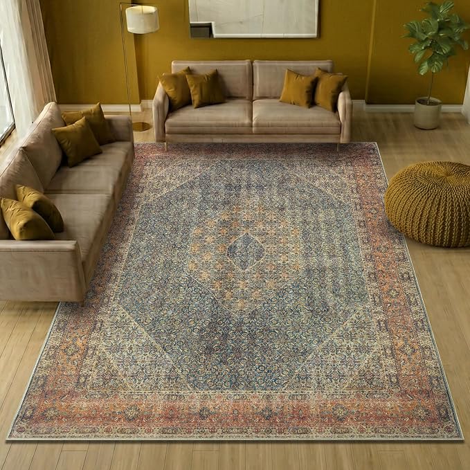 Keen Home Design 6x9 Rug - Machine Washable Area Rug with Non-Slip Backing, Ideal for Living Room, Dining Room, Bedroom - Vintage, Easy Clean, Durable, Low Pile Rug - (6' x 9')