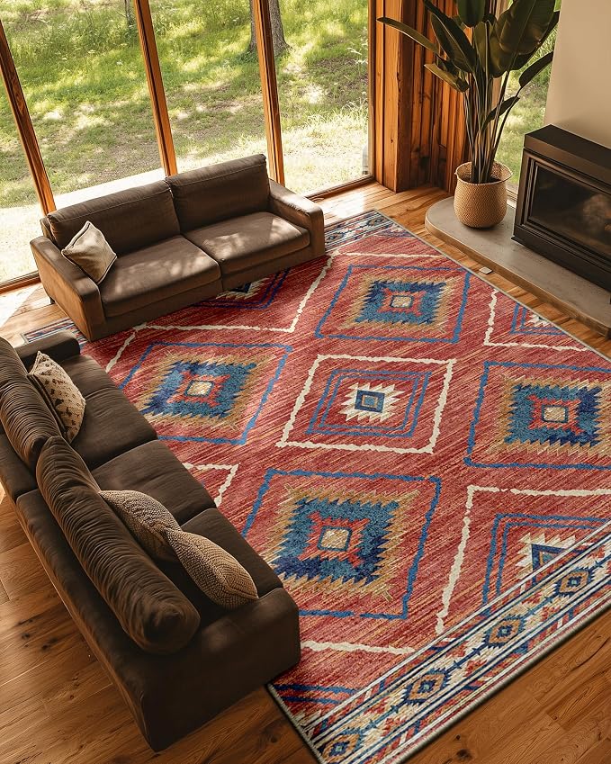 BESTSWEETIE Area Rug 9x12 Rug Machine Washable Non-Slip Low Pile Print Pattern Western Rug for Living Room Bedroom Entryway Tribal Series -Red/Orange