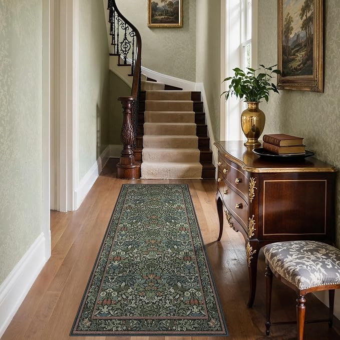GENIMO 2.5x6 Washable Kitchen Runner Rug, Non Slip Mat, Dark Green | Vintage Boho Floral Low Pile Thin Mat for Entryway, Kitchen, Bedroom, Indoor Decor