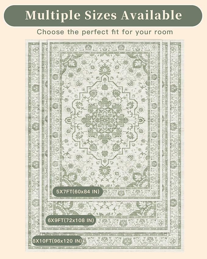 Madane 5x7 Area Rugs for Living Room, Machine Washable Vintage Green Rug with Non-Slip Backing, Soft Throw Rug, Thin Carpet for Bedroom Dining Room Farmhouse Under Table, Green/Ivory