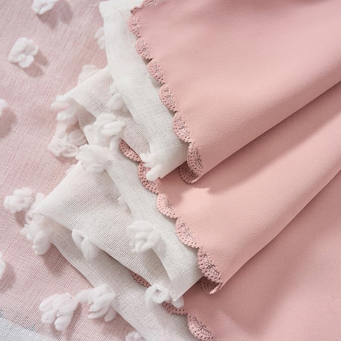 Pink Blackout Pom Pom Sheer Curtain for Girls Bedroom 2 Panels, Double Layered Curtain with White Overlay, Light Blush Baby Toddler Nursery Curtains 63 Inch Length, Cute Boho Window Drapes
