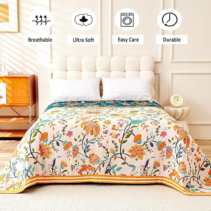 VANJOROY Boho Throw Blanket, 100% Organic Cotton Breathable Ultra Soft 91" x 98" Bed Quilt Throw - All Season Floral Rustic Farmhouse Decor Luxury Reversible Blanket for Sofa Couch Chair and Gift