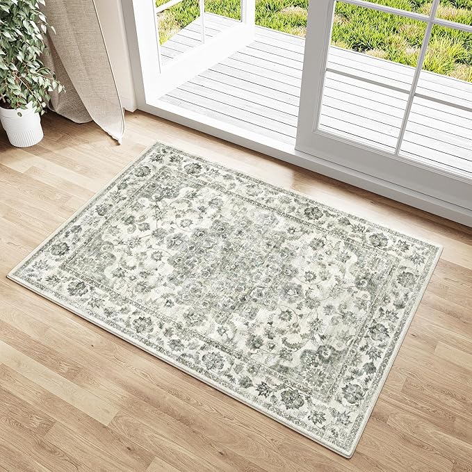 2x3 Washable Neutral Area Rug Green Vintage Entryway Kitchen Carpet Non-Slip Soft Low Pile Farmhouse Indoor Small Throw Rug for Bedroom Bathroom Entrance