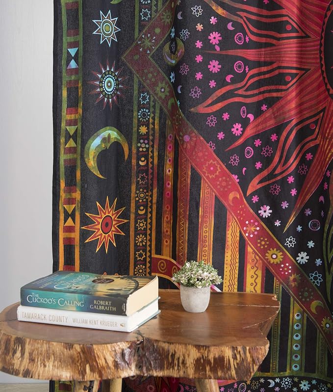 Popular Handicrafts Indian Burning Sun Moon Hippie Mandala Window Curtains for Doorways Closets - Gypsy Tye Dye Bohemian Beautiful Drapery Bedroom Livingroom Divider Balcony Valance Panels Golden