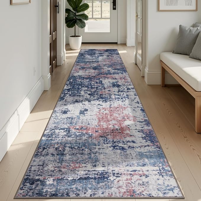 Sasttie 2x12 Soft Runner Rug for Entryway, Modern Abstract Washable Carpet for Hallway, Kitchen and Laundry Room, with Non-Slip Backing, Pink and Blue