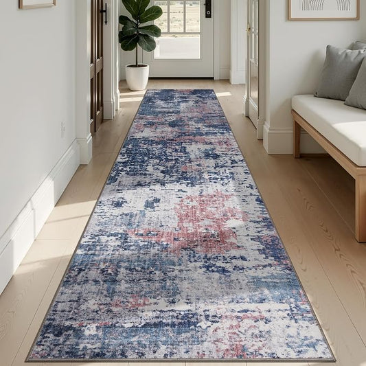Sasttie 2x12 Soft Runner Rug for Entryway, Modern Abstract Washable Carpet for Hallway, Kitchen and Laundry Room, with Non-Slip Backing, Pink and Blue