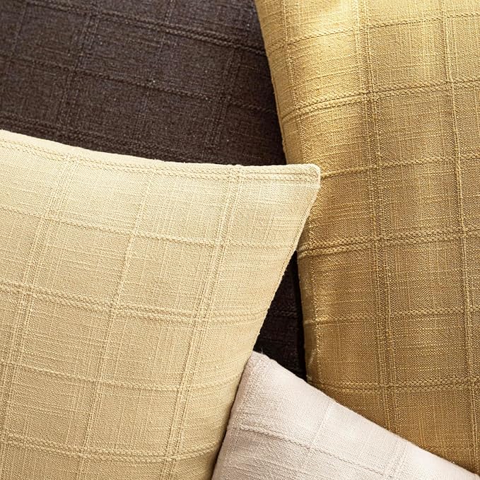 Foindtower Set of 2 Decorative Linen Check Throw Pillow Covers Neutral Farmhouse Vintage Cushion Covers Modern Boho Accent Home Decor for Sofa Chair Couch Bedroom Living Room,26×26 Inch,Amber Gold