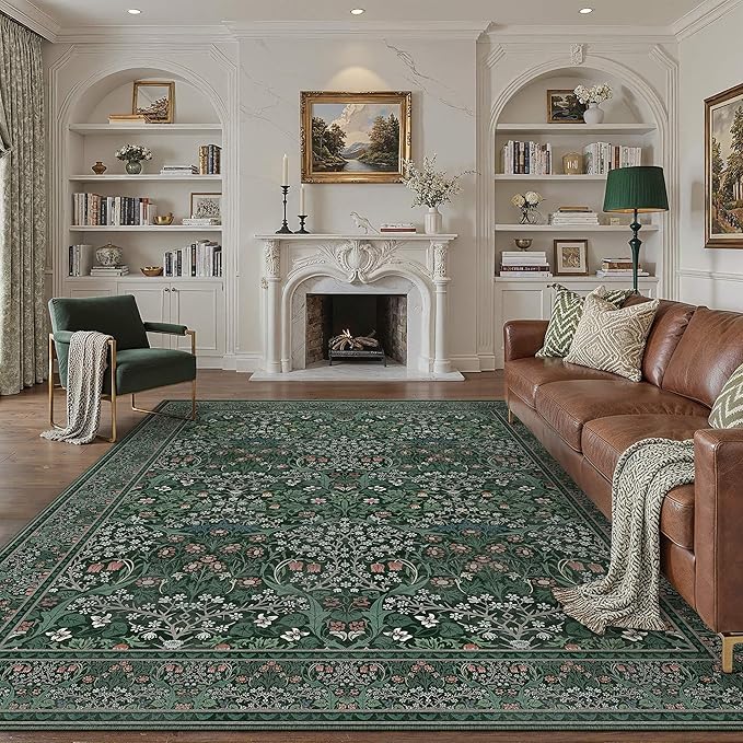 HUGEAR Vintage Floral Machine Washable 9x12 Area Rugs Green Living Room Bedroom Rug Retro Neutral Stain Resistant Non Slip Low Pile Throw Carpet for Home Aesthetic Modern Decor