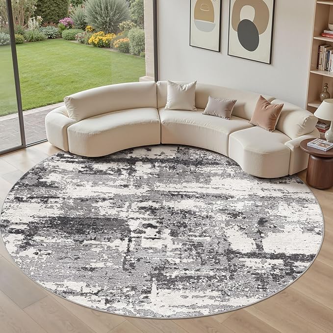 Area Rugs for Living Room: 10x10 Abstract Washable Rug Modern Neutral Large Soft Stain Resistant Non-Slip Backing Machine Table for Bedroom Dining Room Indoor Home Office Carpet - Black Grey