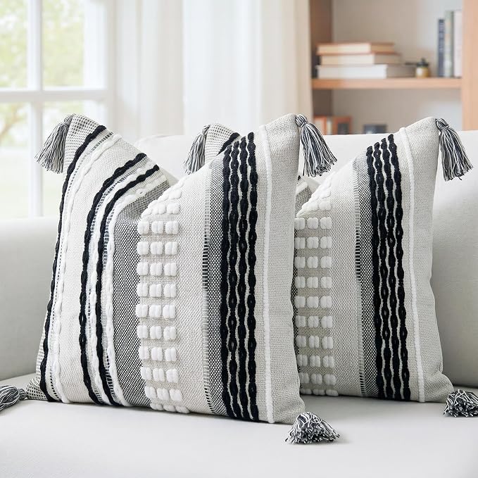 NUYECY Boho Throw Pillow Covers 16x16 Aesthetic Neutral Boucle Couch Pillow Cover Rainbow Striped Decorative Accent Pillow Case for Couch Bed Sofa Farmhouse,Modern Funky,Set of 2 Black and White