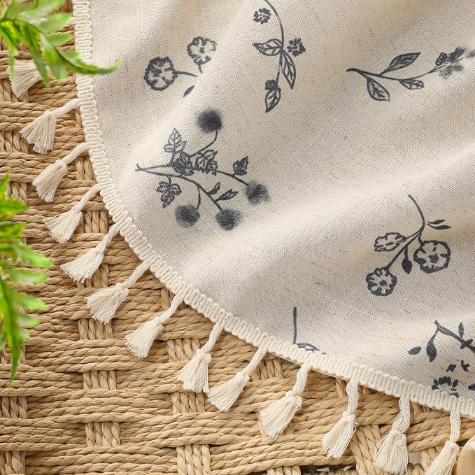 Boho Floral Spring 100% Blackout Curtains 84 Inch Length 2 Panels Set, Linen Texture Farmhouse Curtains with Beige Tassel for Living Room Bedroom, Vintage Rustic Rod Pocket,Black