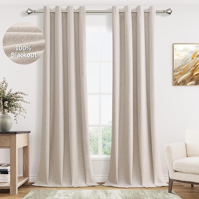 Jowels Oatmeal Linen Blackout Curtains 96 Length 2 Panels Set for Living Room Bedroom, 100% Black Out Thermal Insulated Linen Drapes, Room Darkening Grommet Curtains 96 Inches Long