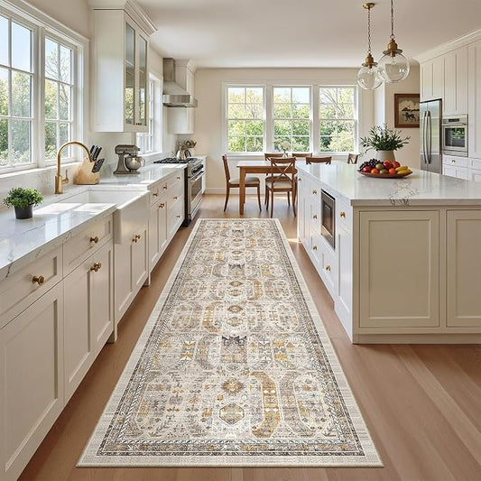 Madane Hallway Runner Rug 2'6''x10' Kitchen Runners Vintage, Brown/Gold | Non-Slip Washable Wide Rugs 2.5x10 Ft for Entryway Laundry and Bedroom, Low-Pile Stain-Resistant 10ft Floor Carpet
