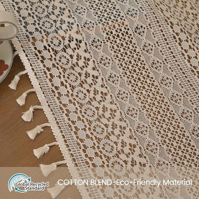 WAZZIO Boho Crochet Curtains for Living Room Lace Curtains 84 Inches Long 2 Panel, Rod Pocket Vintage Tassel Bohemian Decor Geometry Striped Light Filtering Semi Sheer Curtain Drapes for Bedroom,Beige