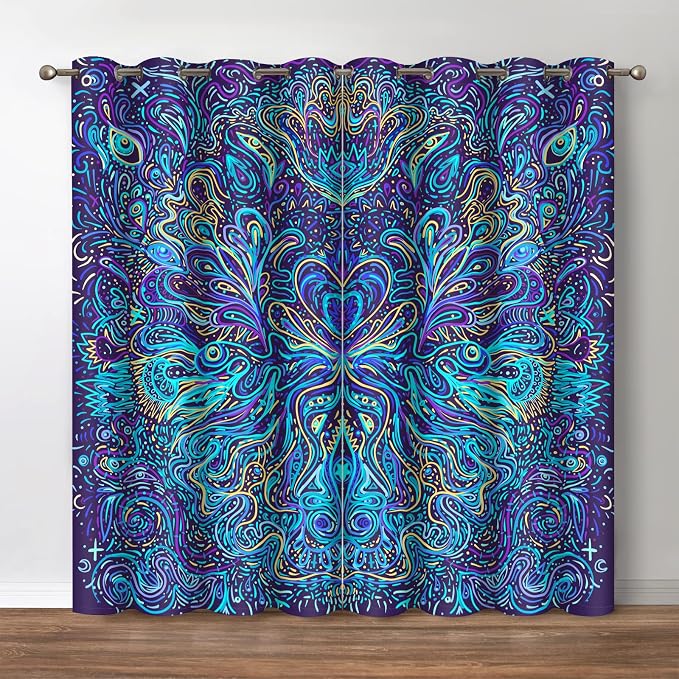 Jekeno Hippie Bohemian Mandala Blackout Curtains - Indian Gypsy Abstract Flower Floral Texture Print Drapes Decor Bedroom Living Room Darkening Grommet Window Treatments 2 Panels Set, Blue 52"X84"