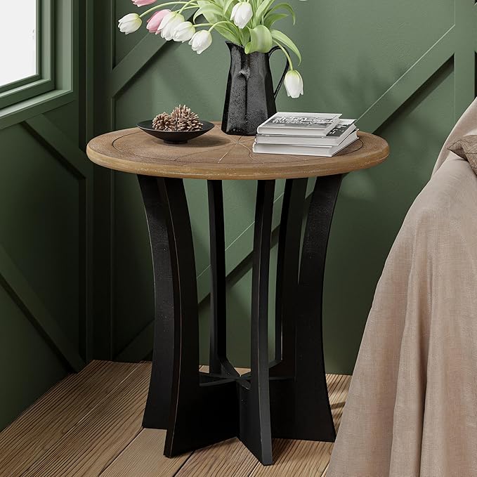 COZAYH Farmhouse Round End Table X 2P with Criss-Cross Wood Legs, Rustic French Country Side Table for Dinning or Living Room, Modern, Black, Natural Wood Color