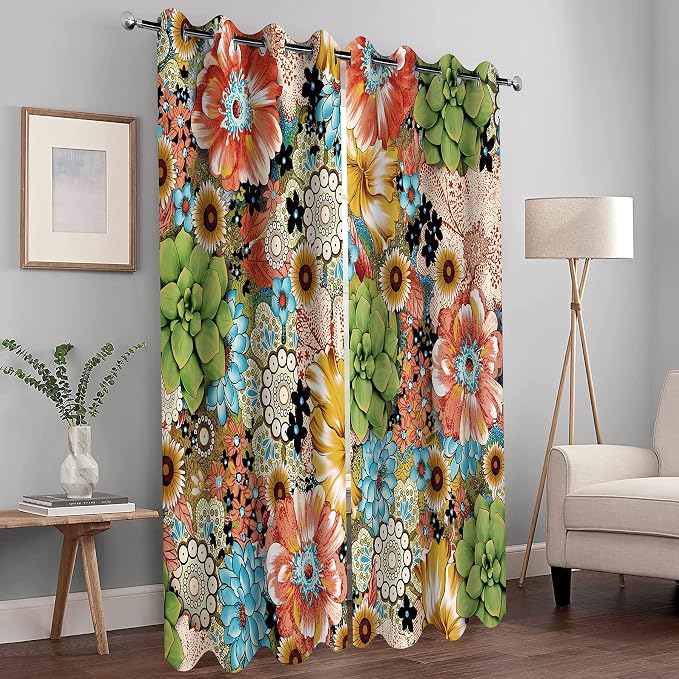 MissHope Boho Flower Floral Blackout Curtains Bohemian Colorful Flowers Spring Summer Decor for Women Girls Bedroom Study Classroom Living Room Darkening Grommet Window Drapes 2 Panel Set, 52x84 Inch