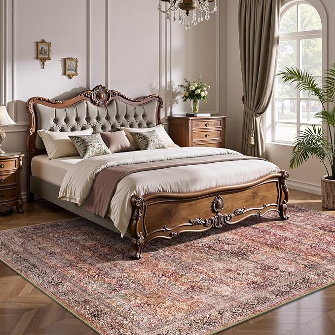 6x9 Area Rugs - Washable Vintage Retro Living Room Rug, Soft Ultra Thin Non Slip Low Pile Traditional Distressed Boho Carpet for Bedroom Dining Room Nursery Home Office, Vintage Iron Red