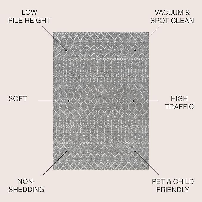 JONATHAN Y Boho Vintage Diamond Gray/Ivory Indoor Area Rug 8X10 ft, Moroccan Hype for Living Room, Bedroom, Kitchen, Office, Easy-Cleaning, High Traffic, Pet-Friendly, Non-Shedding (MOH101C-8)