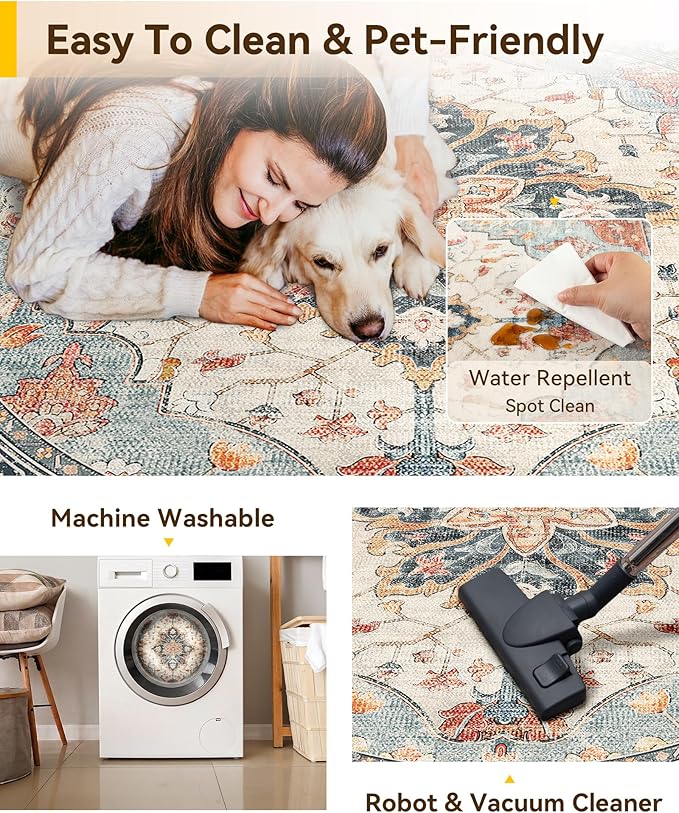 RELEANY 8ft Round Rug, Area Rugs 8ft, Washable Rug, Non-Slip, Rugs for Living Room for Bedroom, Circle , Vintage Rugs Boho Floral Medallion, Low Pile, Soft, Beige Dark Blue Navy Red