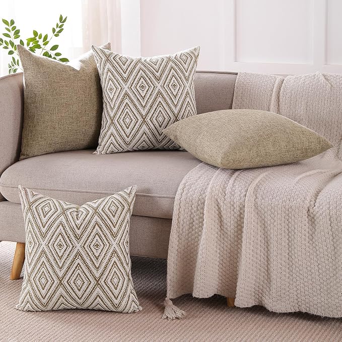 HPUK Throw Pillow Covers 18x18 Inch Set of 4, Linen Decorative Pillow Covers, Accent Cushion Covers for Couch Sofa Bed Bedroom Living Room Décor, Light Brown