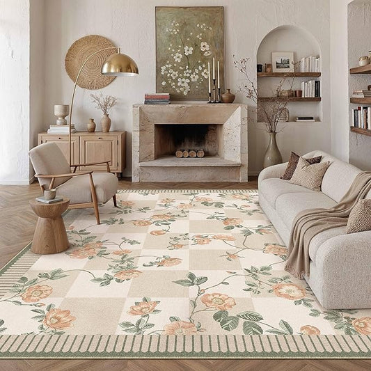 HUGEAR 8x10 Checkered Area Rugs Machine Washable Beige Large Living Room Rug Floral Print Non-Slip Stain Resistant Low Pile Indoor Throw Carpet for Bedroom Home Unique Aesthetic Modern Decor
