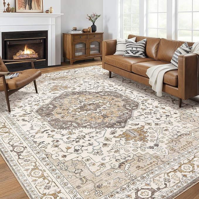 12x15 Area Rugs for Living Room - Large Carpet Ultra Thin Soft Washable Oriental Vintage Floral Distressed Big Indoor Carpets for Bedroom Nursery Dorm Home Decor Aesthetic - Camel/Beige