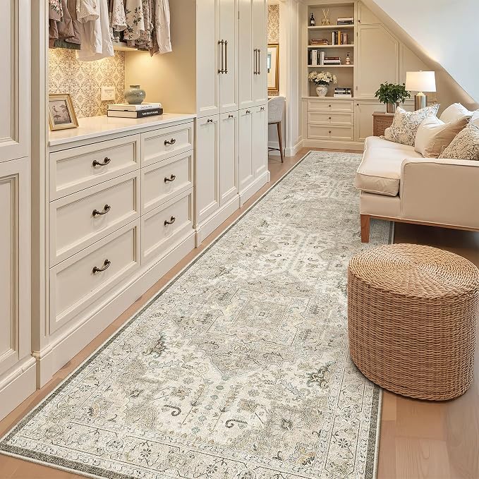 Madane Hallway Runner Rug 3x12 Washable Kitchen Runners 12ft, Ivory/Brown | Vintage Non Slip Area Rugs for Hallways, Soft Low-Pile Thin Farmhouse Wide Floor Carpet for Entryway Foyer Bathroom Bedroom