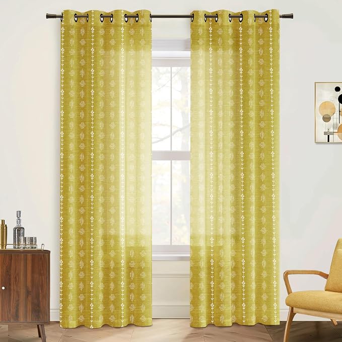 Mustard Yellow Retro Mid Century Modern Curtains, Boho Vintage Floral Sheer Funky Curtains for Living Room Bedroom 84 Inches Long