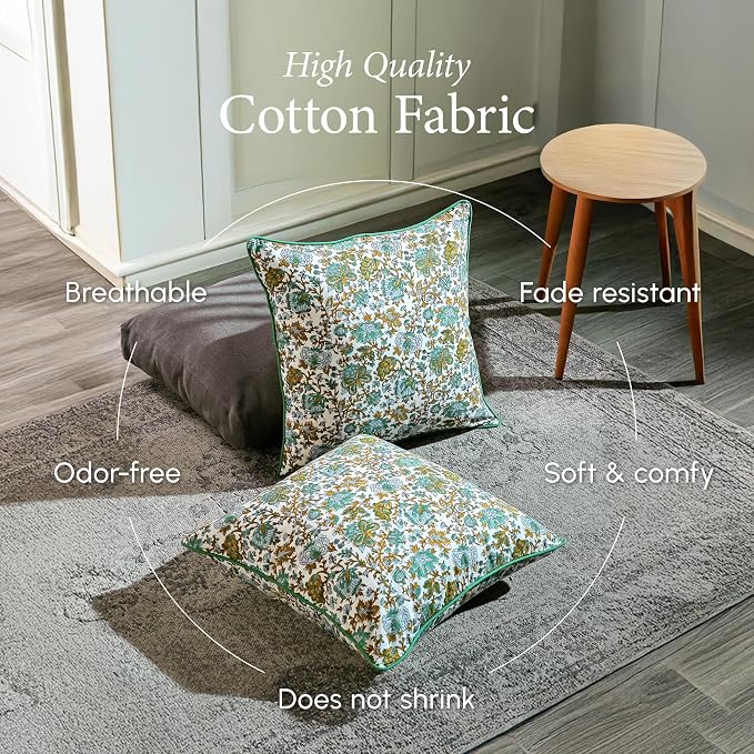 CPC 100% Cotton Throw Pillow Covers 24x24 Inch, Set of 2 Blue Block Print Pattern Couch Pillow, Cute Boho Decorative Pillows for Living Room, Bedroom with Hidden Zipper- Harvest Bloom