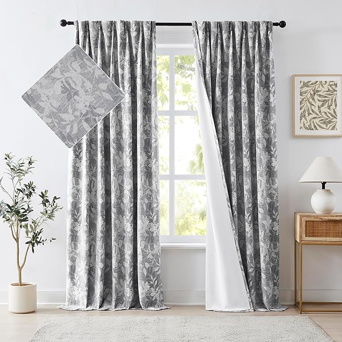 Randall 90% Blackout Faux Linen Curtain Farmhouse Gray Floral Print Pattern 90 Inch Long Thermal Insulated Back Tab Drape for Living Room Bedroom Country Vintage 2 Panels Set Rod Pocket Gray on Beige