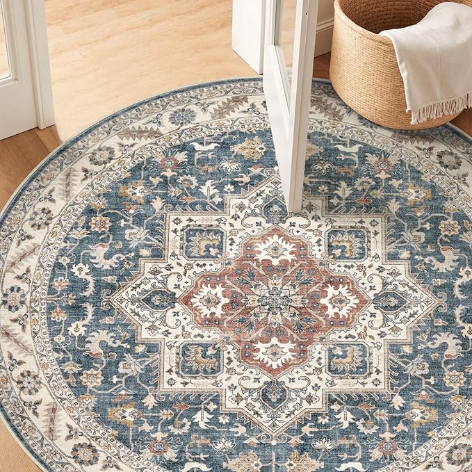 5ft Round Vintage Living Room Area Rug - 5x5 Large Soft Washable Oriental Traditional Distressed Farmhouse Rugs for Bedroom - Indoor Floor Accent Carpet for Home Office House Decor - Vintage Blue
