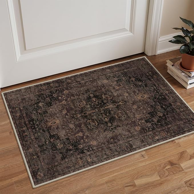 GENIMO Area Rug 2x3 Doormat, Machine Washable Rugs Low Pile, Small Retro Entryway Mat for Entrance, Hallway, Kitchen and Corridor, Charcoal Brown