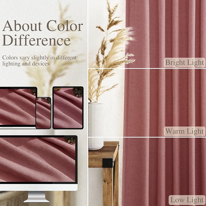 Nanspring Canyon Rose Linen Curtains 96 Inches Long 2 Panels Set for Living Room Rod Pocket Back Tab Semi Sheer Light Filtering Protect Privacy Dusty Rose Curtain for Bedroom Floor Length 52x96