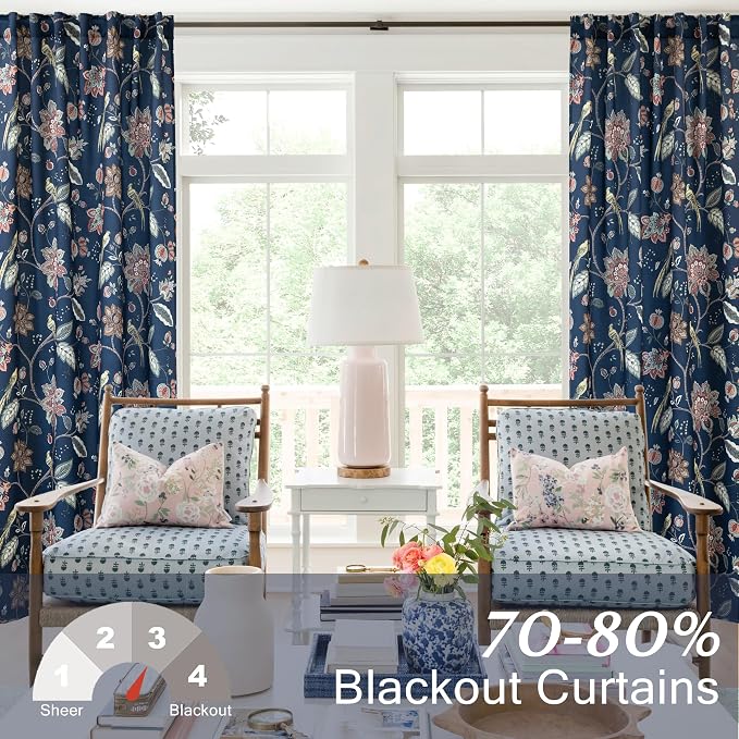 Navy Blue Vintage Floral Patterned Curtains for Living Room - William Morris Victorian Decorative 70% Blackout Moody Pattern Green Dark Academia Curtains Drapes 84 Inch Length 2 Panels Set for Bedroom