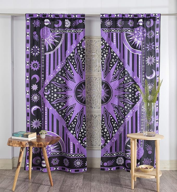 Popular Handicrafts Indian Burning Sun Hippie Mandala Window Curtains - Gypsy Bohemian Sun Moon Beautiful Drapery Bedroom Living Room Balcony Valance Panels Purple