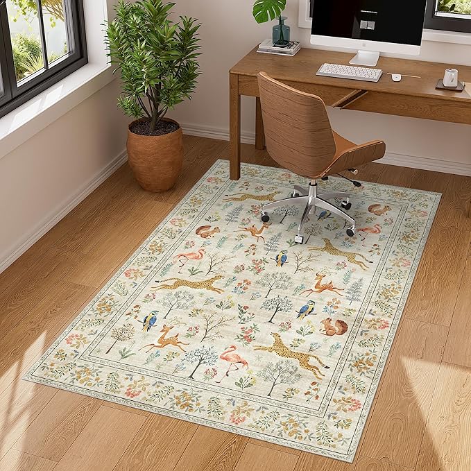 DUKINO 3x4 Washable Entryway Rug, Vintage Animal Ultra Soft Kitchen Area Rug with Non Slip Backing, Low Pile & Stain Resistant Indoor Door Mat for Bathroom, Bedroom, Laundry Room, Office, Beige
