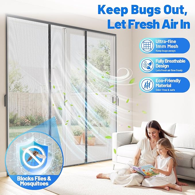 Heavy Duty Magnetic Screen Door Mesh - Hand-Free Door Net Screen with 100 Magnets, Pet & Kid Friendly, PET Fine Mesh Doors Screens Keep Bug & Mosquito Out Fit Sliding Patio French Doors Size 60" x 80"