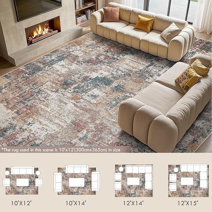 Tortania Washable 10x14 Area Rug for Living Room: Modern Abstract Neutral Large Soft Thin Rugs - Non Slip Indoor Carpet for Bedroom Dining Room Office Nursery Home Floor Decoration - Colorful Multi
