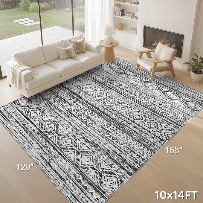 cotiled 10x14 Area Rugs Living Room Rug: Washable Boho Rugs with Non Slip Backing Large Soft Indoor Stain Resistant Carpet for Bedroom Farmhouse Dining Room Lightweight Home Decor White/Black