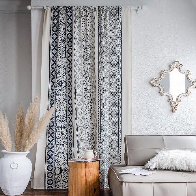 VOGOL Blue Boho Curtains for Living Room, Not See Through Geo Print Decorative Drapes for Kitchen Window, 1 Panel Linen Textured Rod Pocket Curtain for Bedroom, 28 x 84 Inches