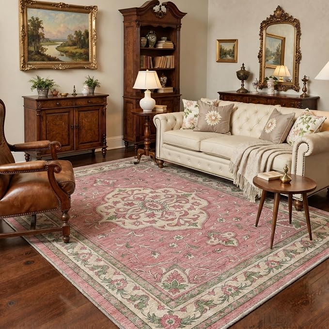 GENIMO 5x7 Floral Medallion Area Rug Machine Washable Non Slip Low Pile, Lightweight Print Pattern Rugs for Living Room Bedroom Dining Room, Dusty Pink