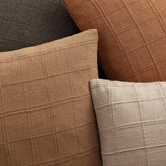 Foindtower Set of 2 Decorative Linen Check Throw Pillow Covers Neutral Farmhouse Vintage Cushion Covers Modern Boho Home Decor for Sofa Chair Couch Bedroom Living Room,26×26 Inch,Brick
