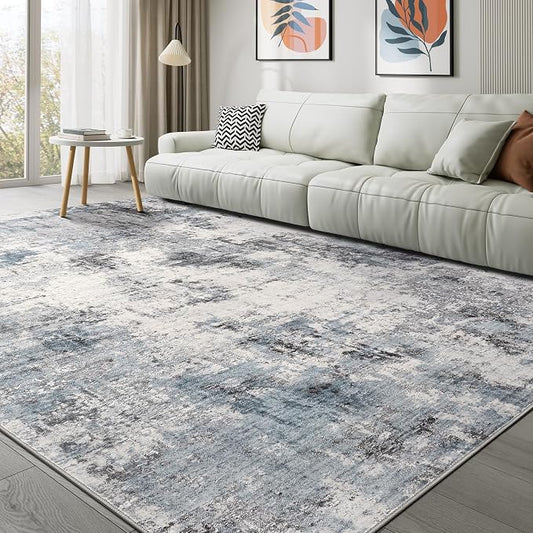 Abstract 8x11 Area Rug: Machine Washable Non Slip Ultra Thin Low-Pile Carpet, Soft Stain Resistant for Living Dining Room Bedroom, Kid Pet Friendly, Robot Vacuum Compatible - Grey Blue