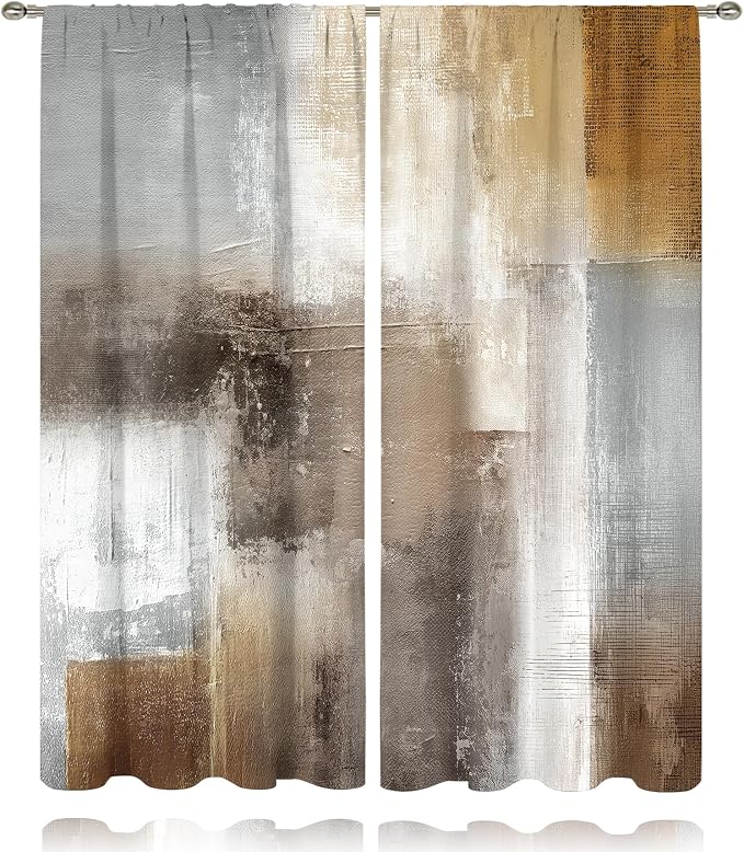 MESHELLY Grey Brown Curtains 52Wx84H Inch Rod Pocket Abstract Vintage Rust Tan Beige Modern Oil Painting Contemporary Bedroom Window Drapes Neutral Earth Tone Printed Living Room Window Treatment