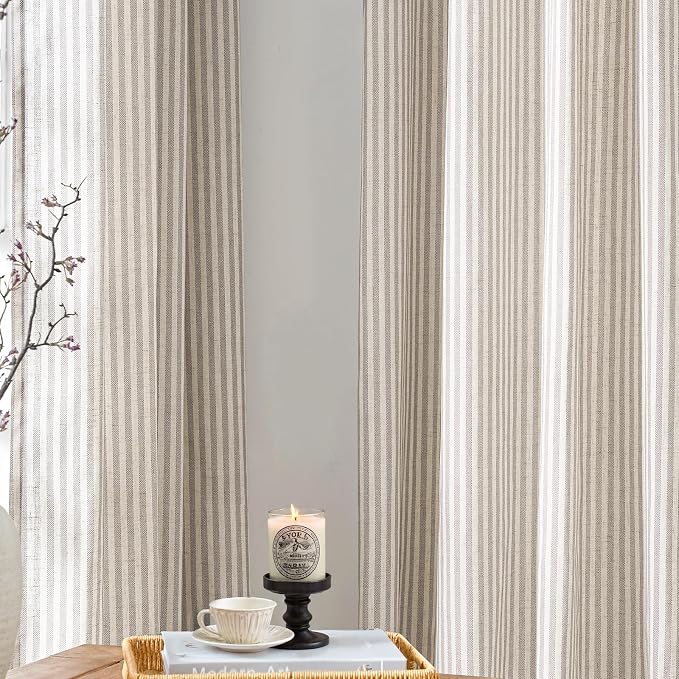 jinchan Linen Curtains for Living Room Taupe Grey on Beige Striped Curtains for Bedroom Ticking Stripe Light Filtering Farmhouse Cottage Core Rustic Grommet Window Treatment 2 Panels 84 inches