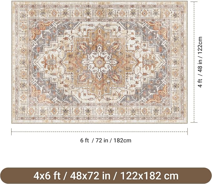 befbee 4x6 Rugs for Living Room Bedroom,Non-Slip Washable Rug,Stain Resistant Lightweight Area Rugs for Dining Room,Ultra-Thin Indoor Floor Carpet (Turmeric/Grey, 4'x6')