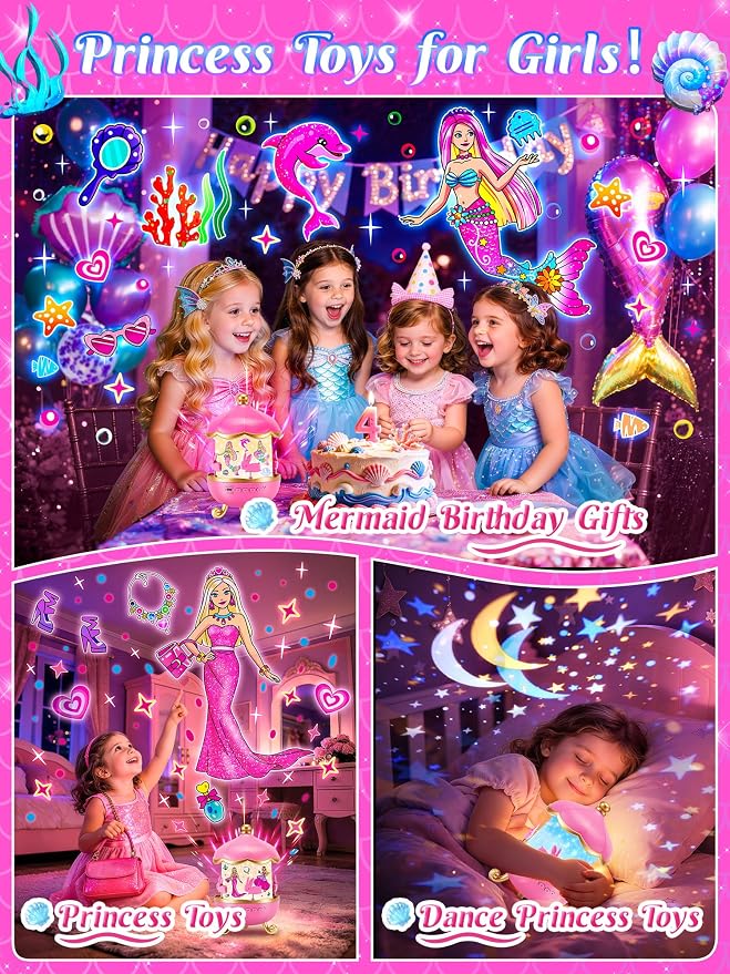 Little Mermaid Toys, 15 Soothing Sounds+18 Films+378 Colors Kids Night Light Projector, 360°+Remote+Cordless+Pink Mermaid Birthday Gifts for Girls, Princess Toys Princess Room Decor[Dreamy Packaging]